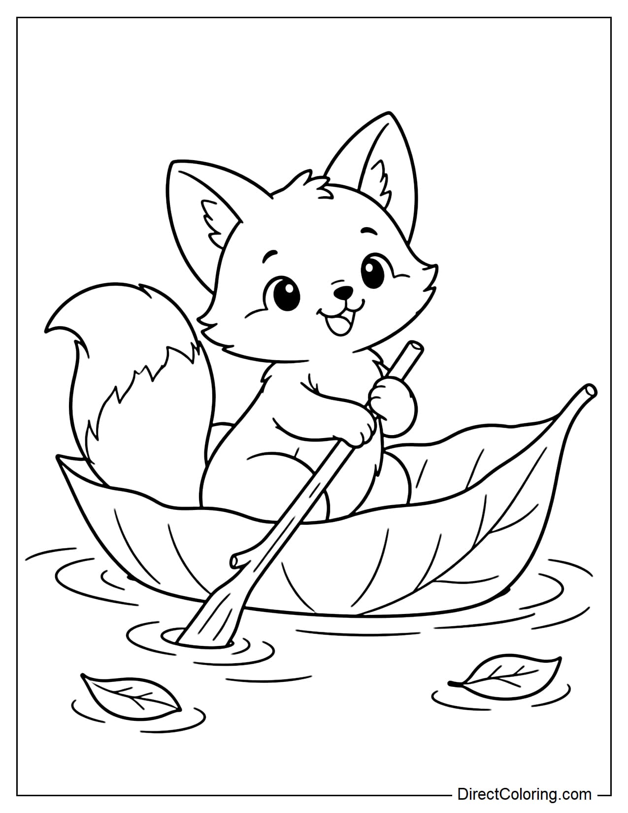A cute little fox sits inside a boat made from a giant forest leaf floating on the water, holding a small tree branch with its front paws and using it as a paddle.