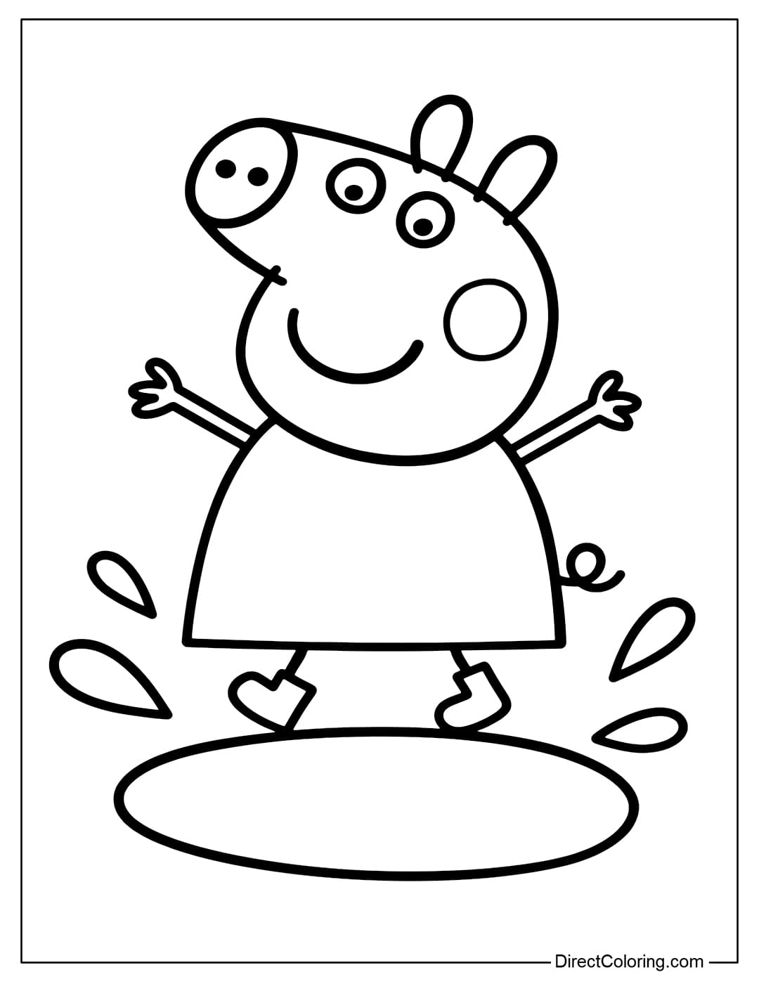 Coloring page Peppa Pig jumping in a large round puddle, a few drops of water splashing up.