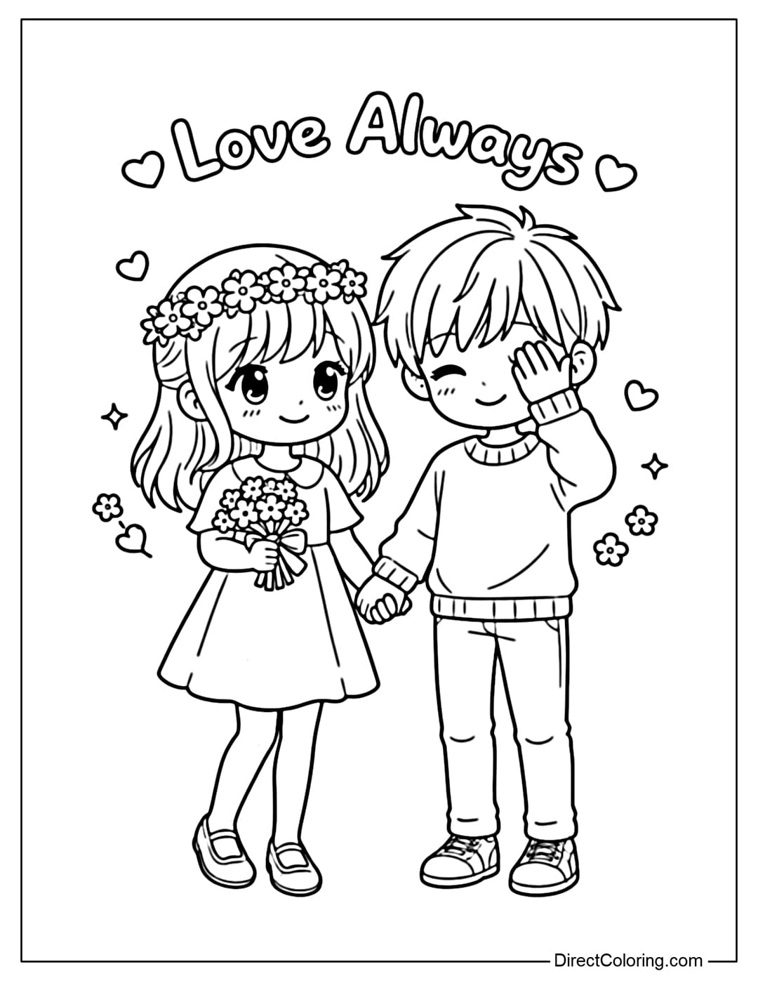 A coloring page of a cute couple holding hands; the girl is holding a small bouquet of flowers, and the boy is covering his eyes with one hand, looking shy. Above their heads is the phrase 
