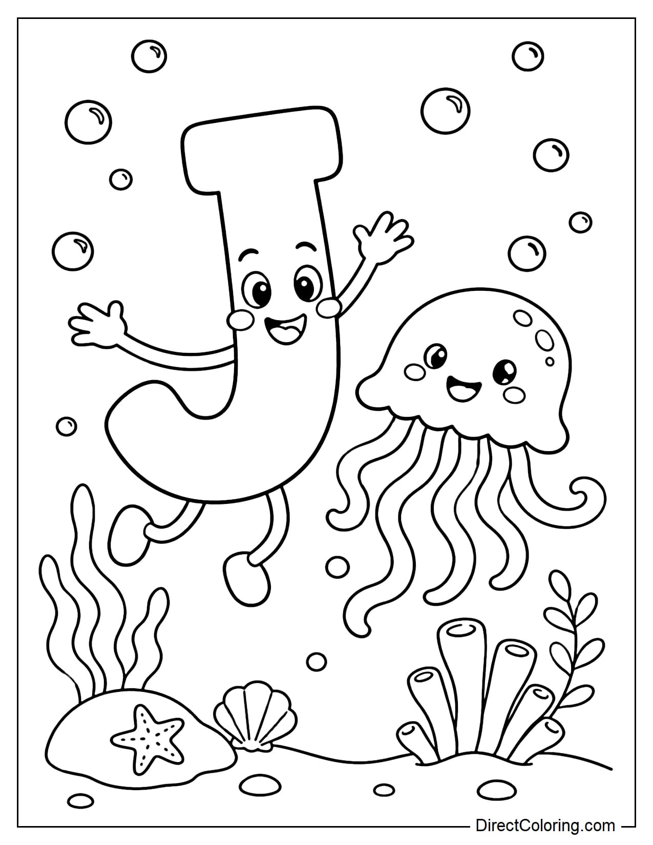 The cheerful letter J is dancing with a cute jellyfish in the sea, surrounded by simple water bubbles.