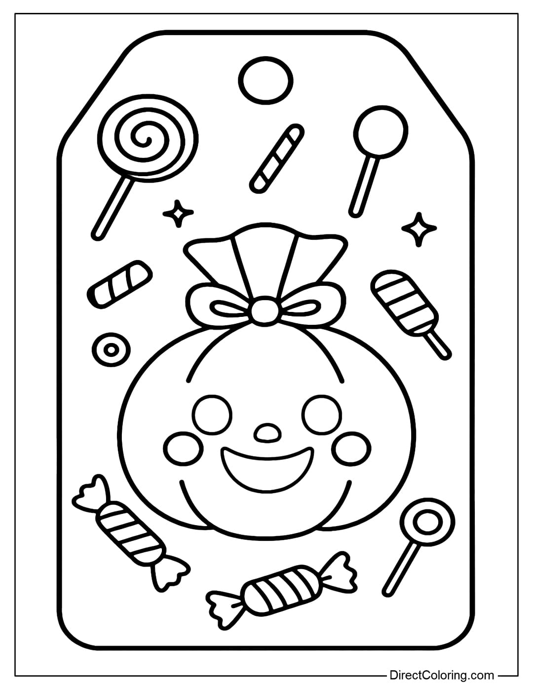 A pumpkin-shaped candy tag coloring page with a smiling face, decorated with swirly candy, lollipops, and lollipops.