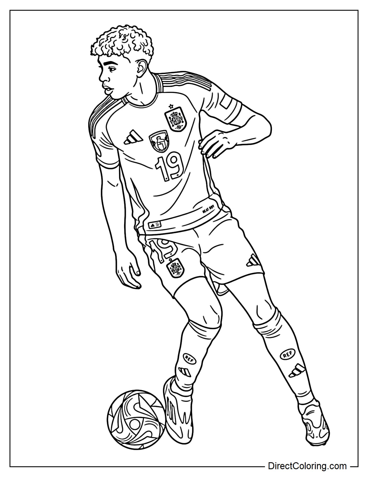 Lamine Yamal observes and skillfully controls the ball while playing for the Spanish National Team in his number 19 jersey.