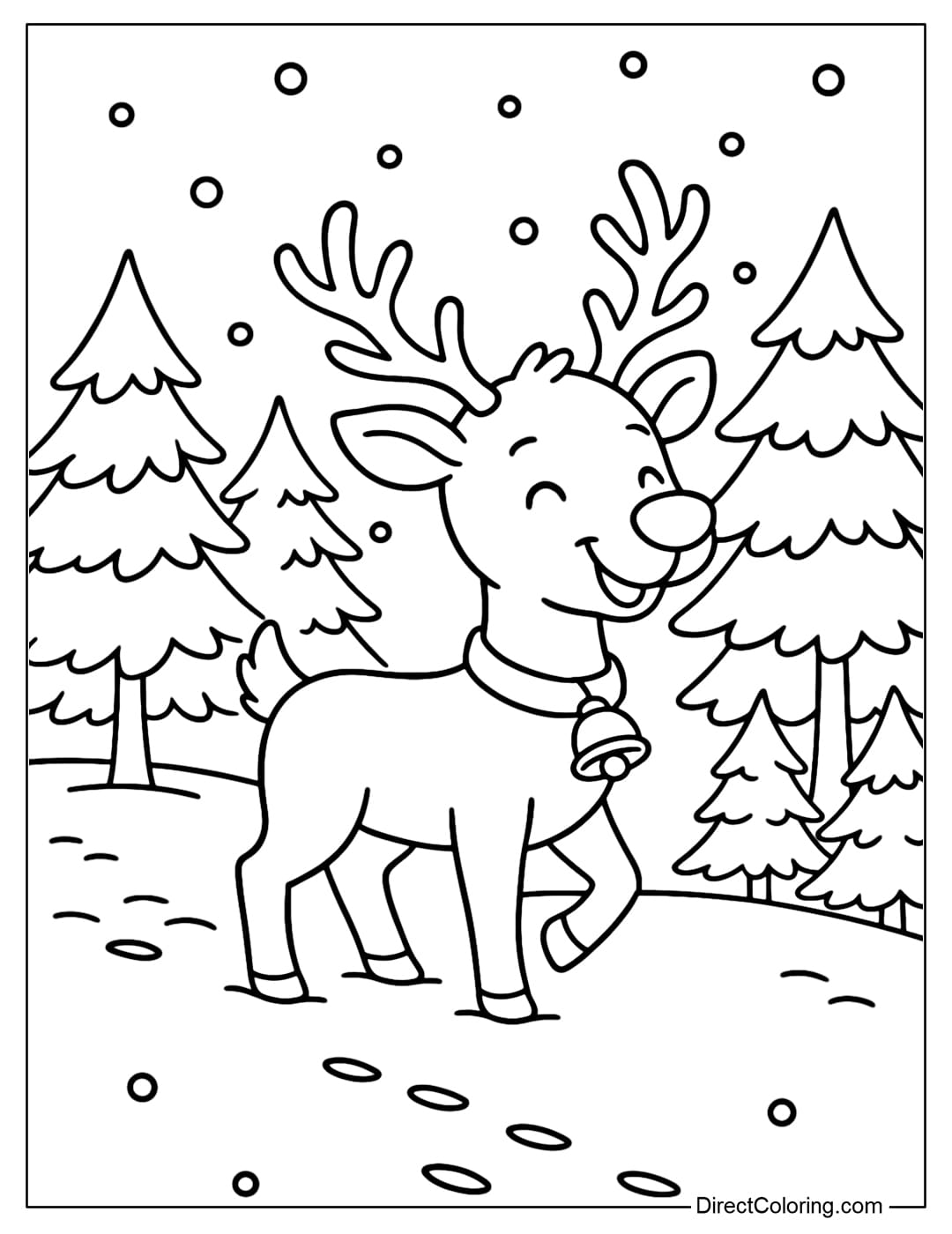 Winter Forest Reindeer Coloring Page A reindeer standing in the middle of a snowy forest, surrounded by pine trees.