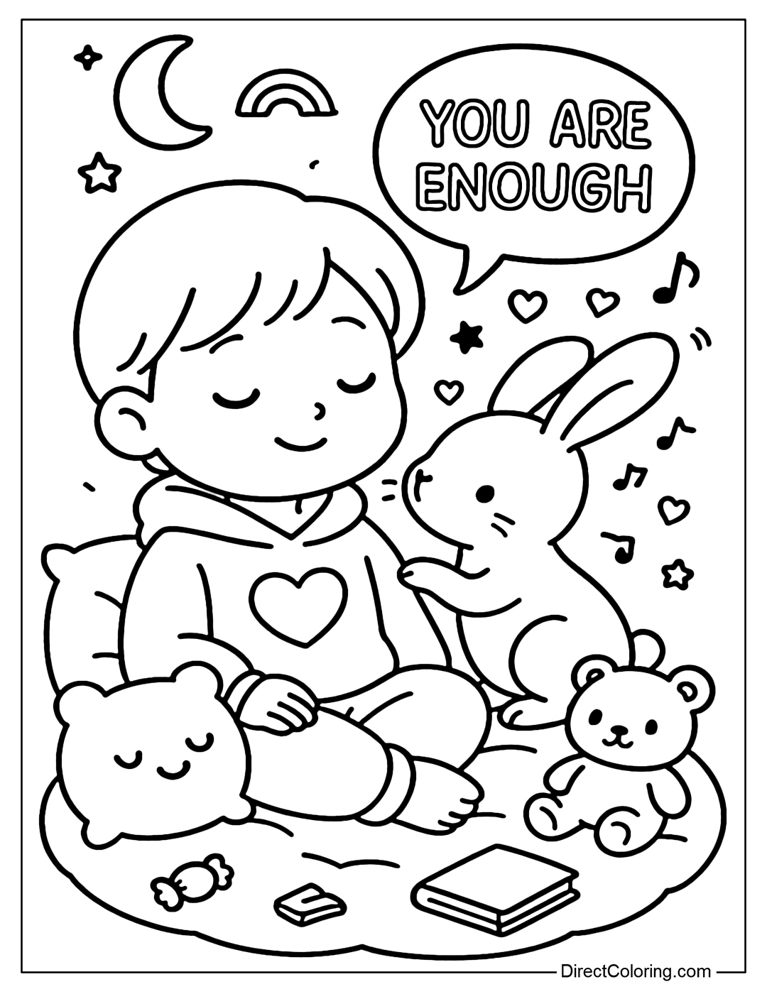 Coloring page of a little rabbit whispering the words You Are Enough in your child's ear.