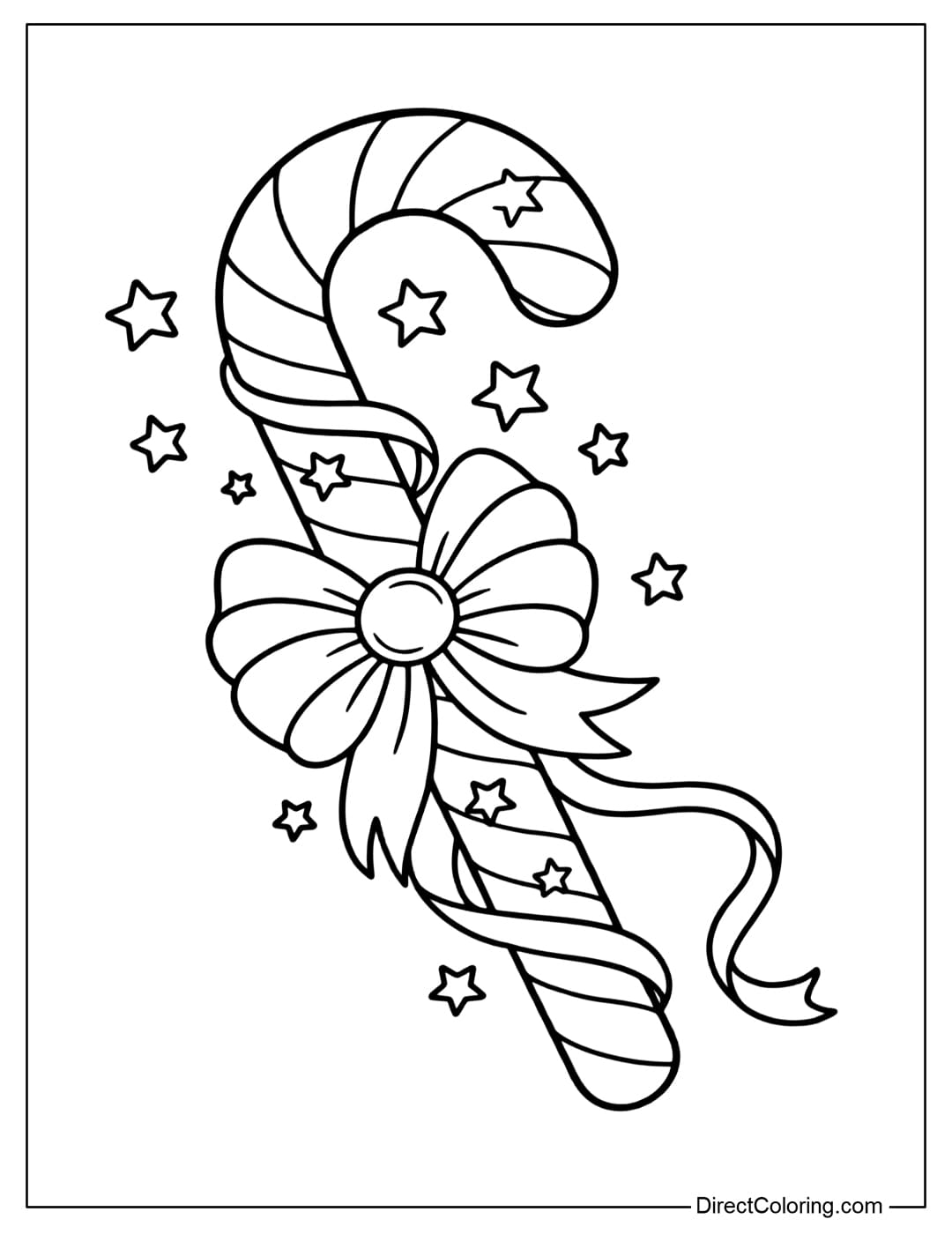 Coloring page with candy cane decorated with small stars and ribbon twisted around the body. big bow with many layers that bloom like flowers.