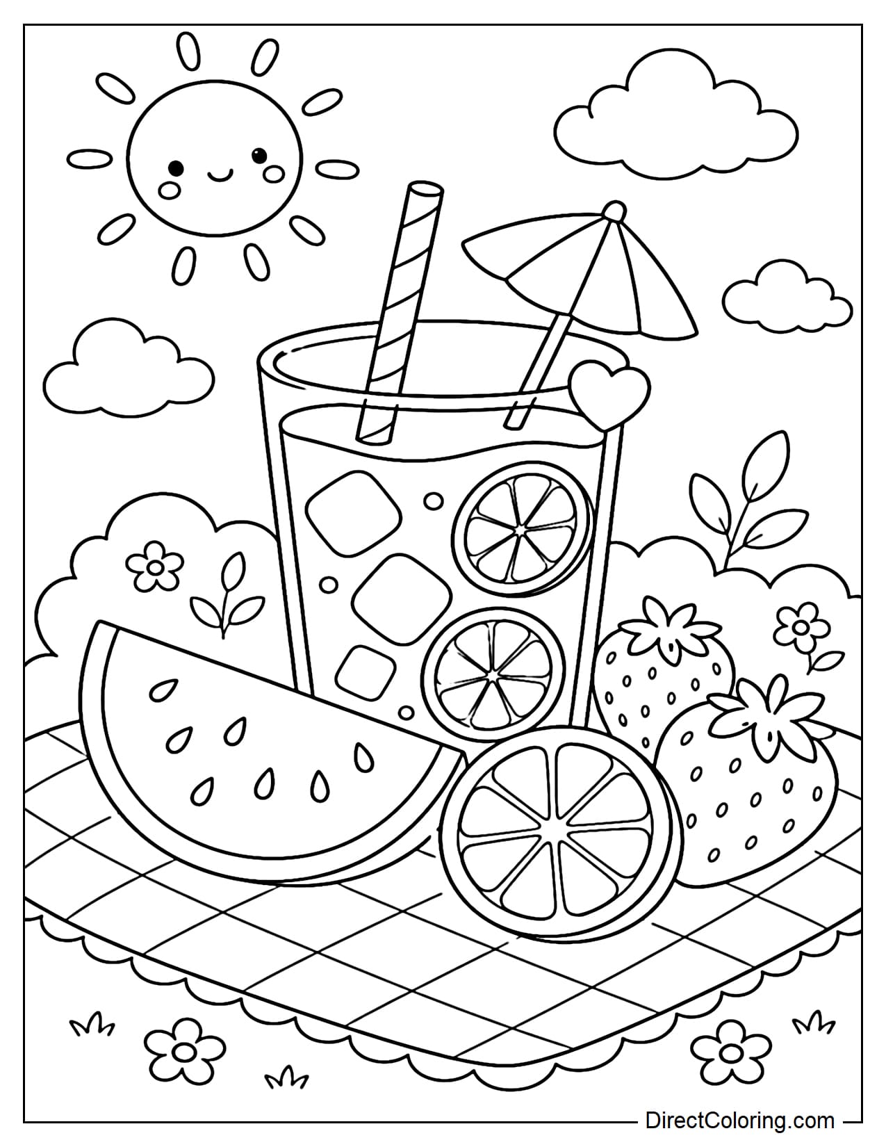 A summer drink placed on a simple picnic mat, surrounded by large fruits like watermelon, oranges, and strawberries.