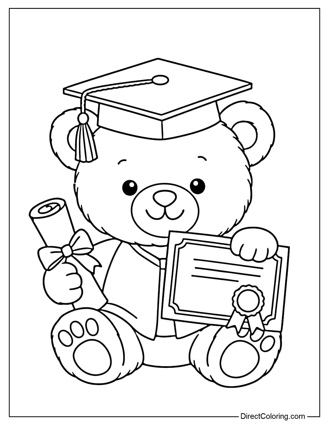 A coloring page featuring a teddy bear wearing a graduation cap and holding a certificate.