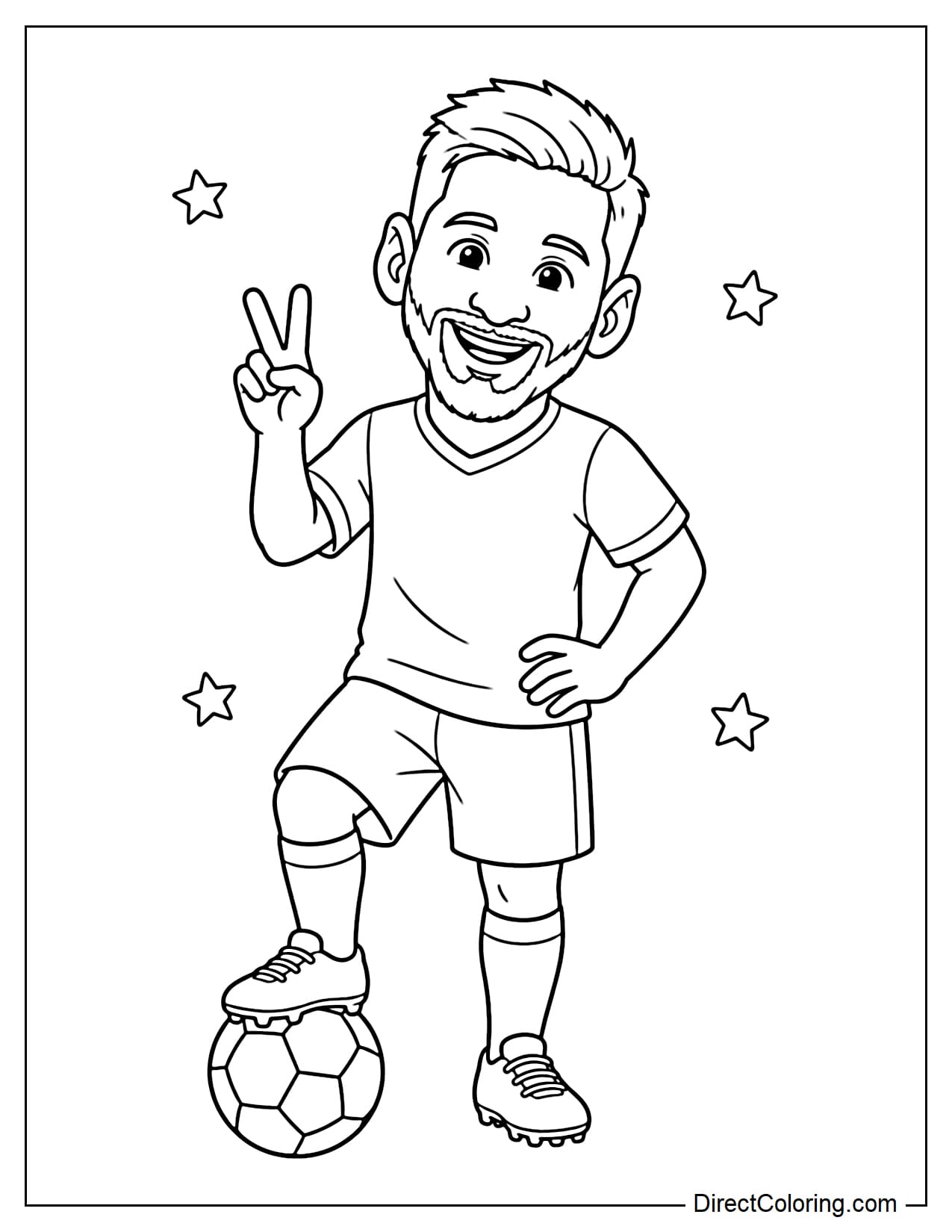 Lionel Messi strikes a cute pose with two fingers making a V (peace sign), one foot on the ball, his head slightly tilted, and a playful smile.