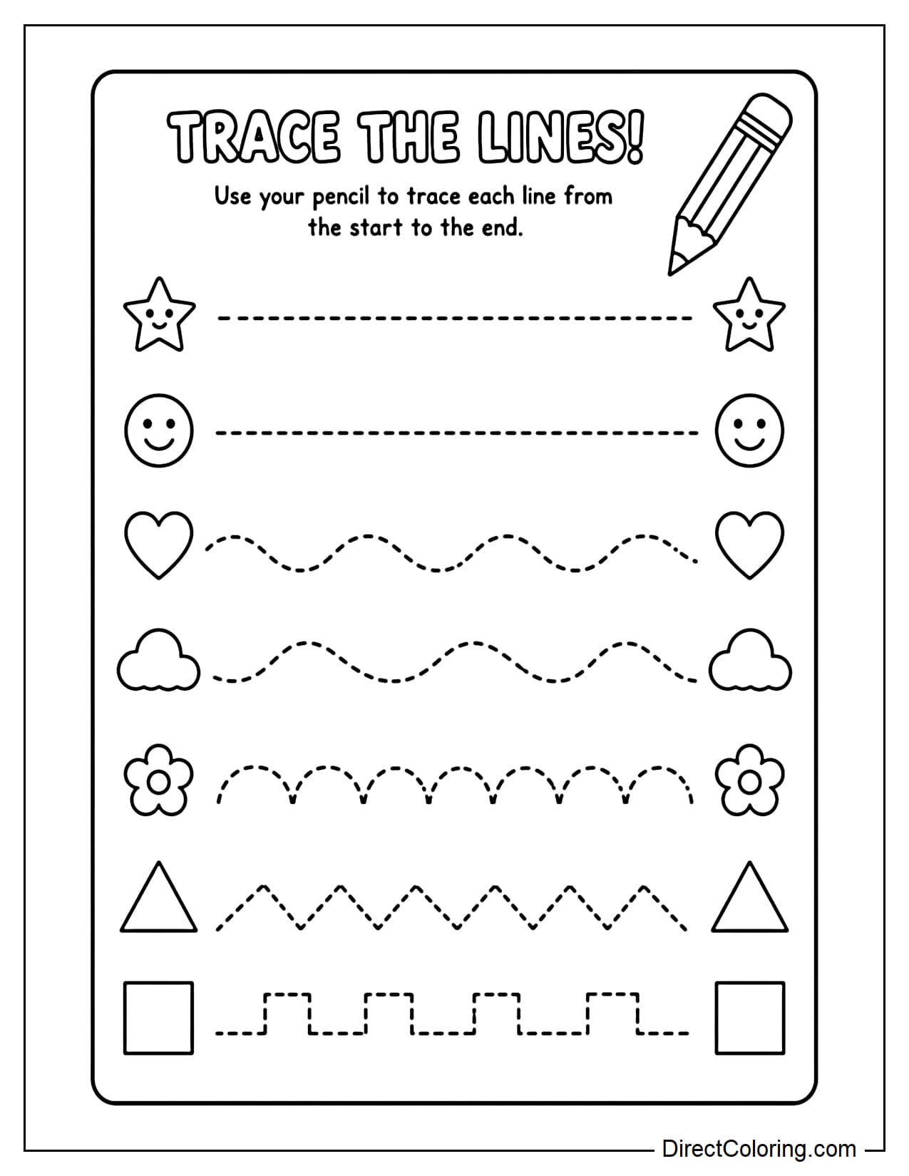 A worksheet with straight lines, curves, and zigzag lines for children to practice tracing, with a small pencil illustration in the corner.