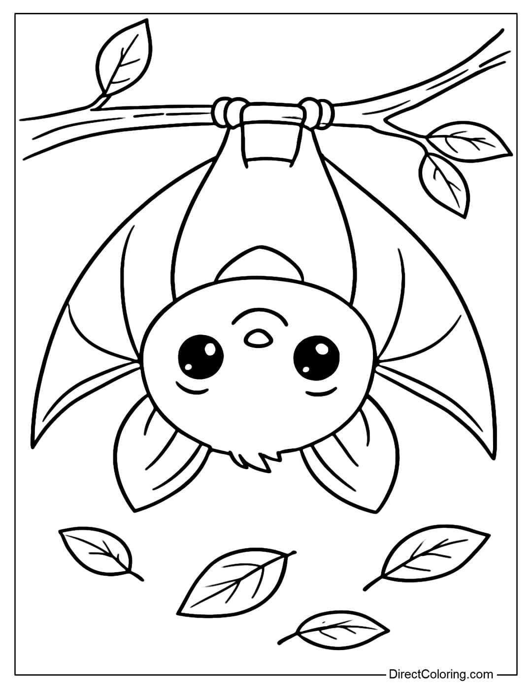 A coloring page of a little bat hanging upside down on a tree branch, with a round face, big sparkling eyes and a lovely smile.