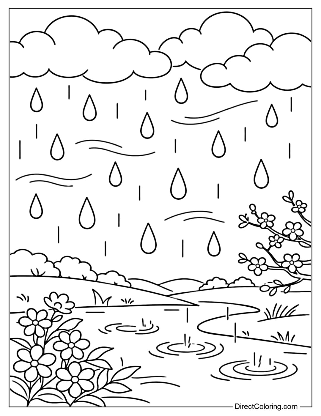 A coloring page depicting spring rain with round clouds, large raindrops, and the refreshing feeling of spring.