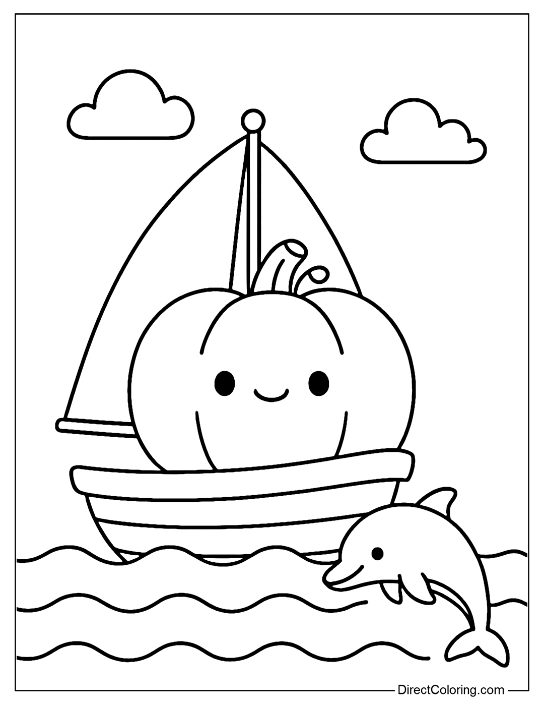 Pumpkin boat coloring page drifting on the sea with dolphins.