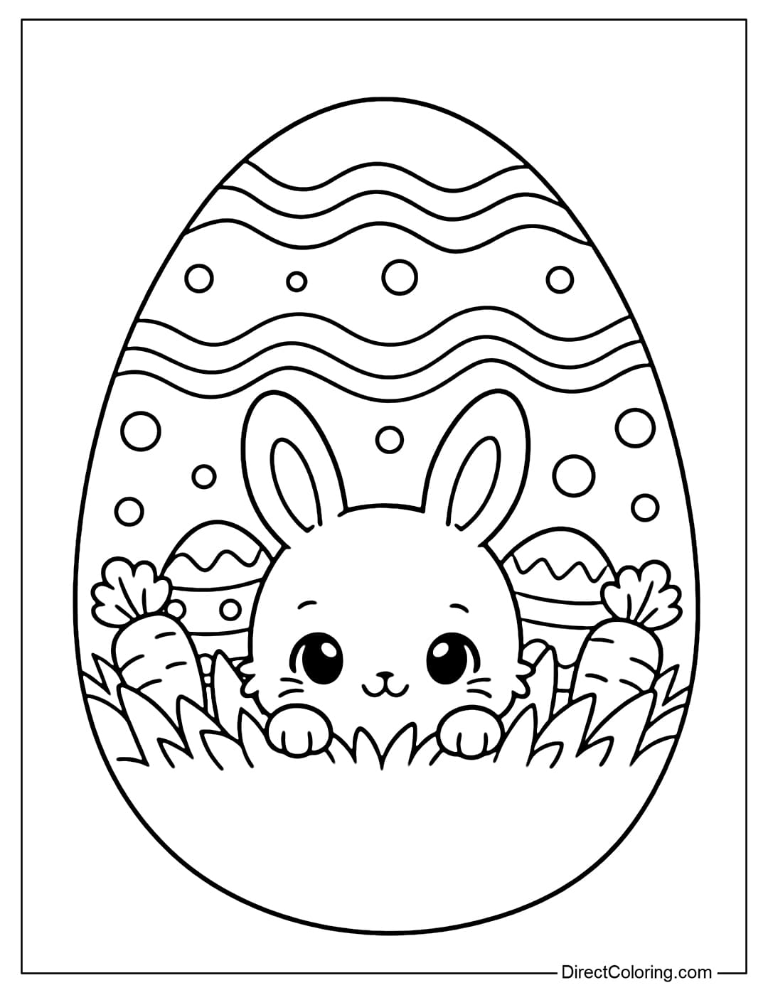 This coloring page features a large Easter egg with a chibi bunny peeking its head out from the grass, surrounded by carrots and small eggs.