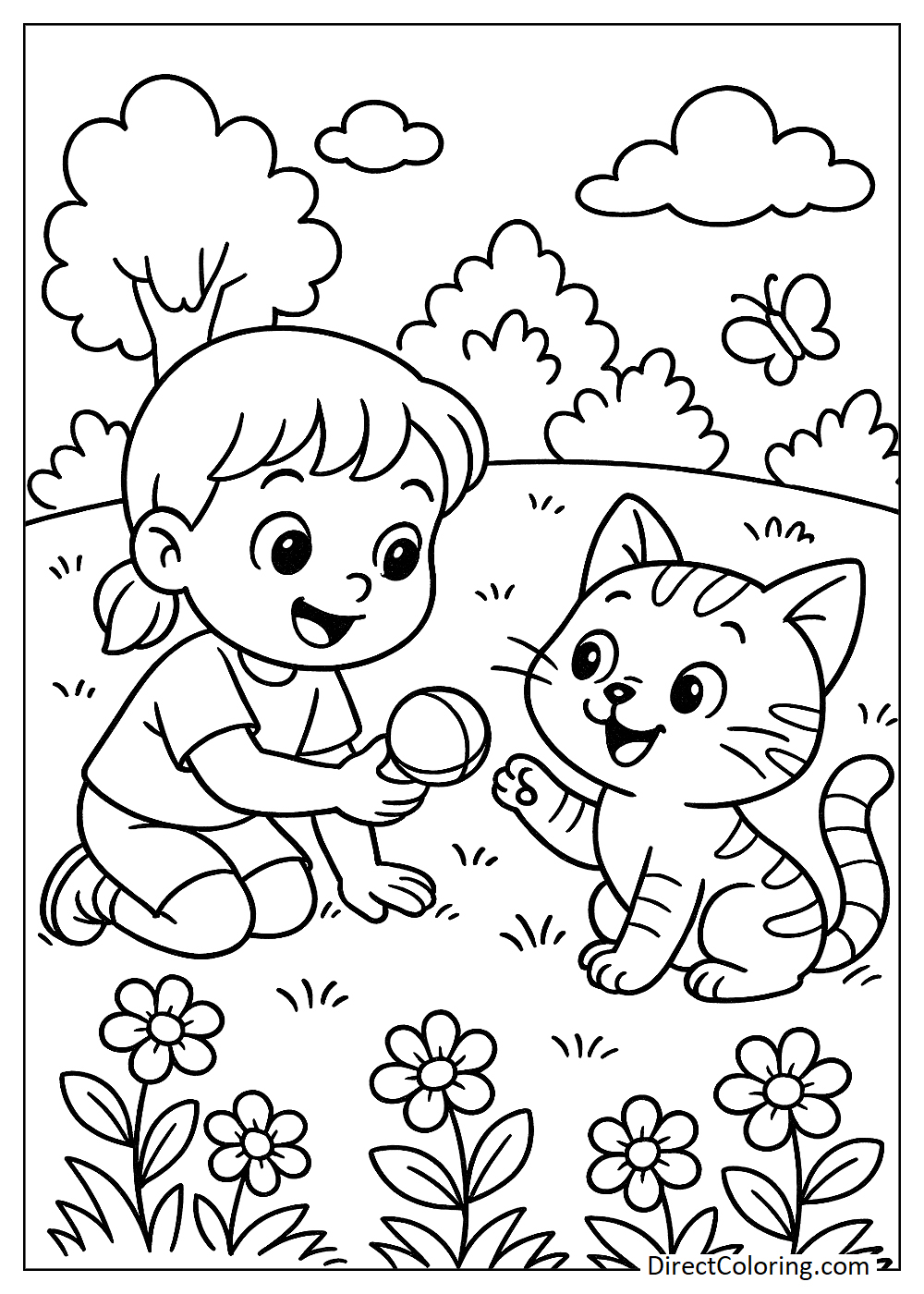 Cat playing with little girl coloring page