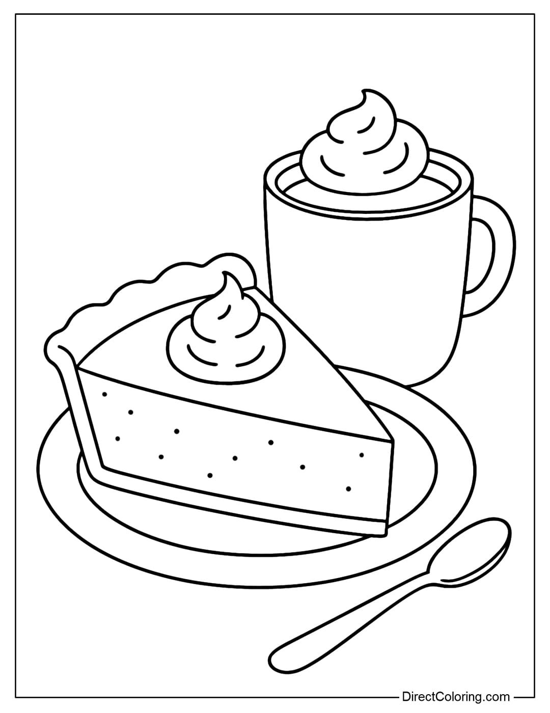 A coloring page of a pumpkin pie placed on a plate, next to a cup of hot cocoa and a small spoon.