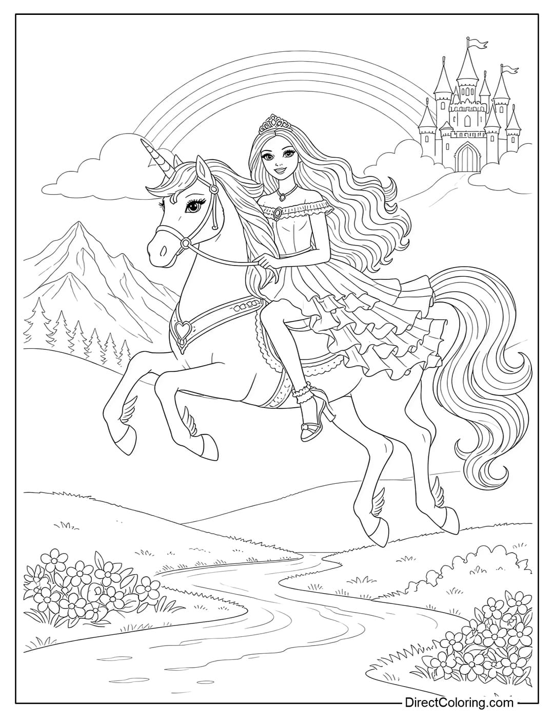 Coloring page of Barbie riding a unicorn in a magical world.