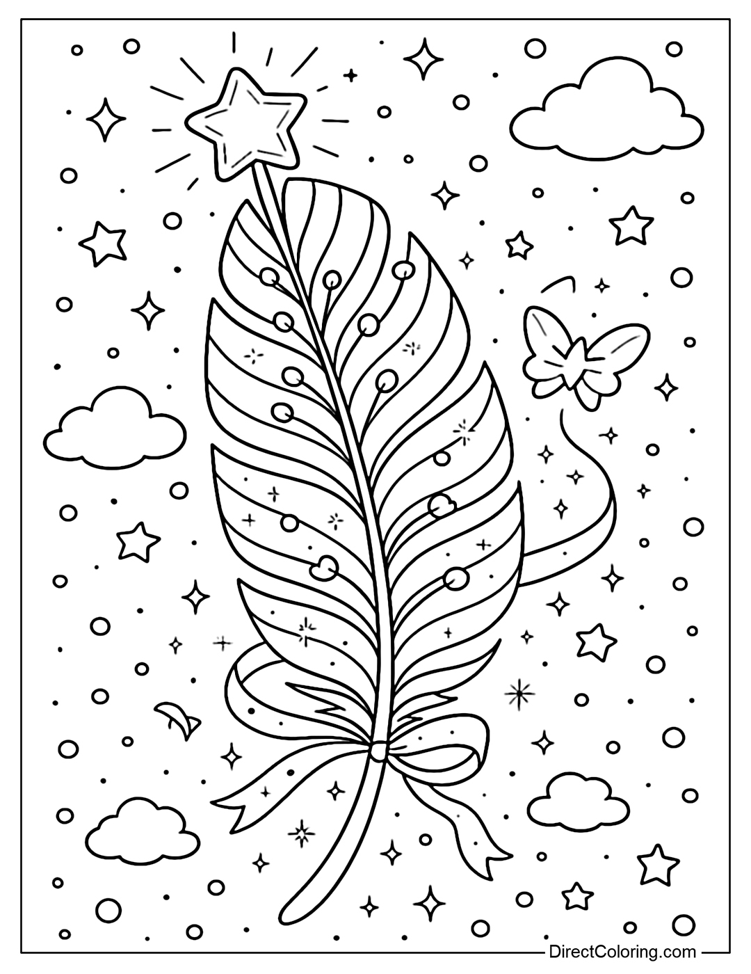 Coloring page of a feather with candy-like swirling stripes, the tip of the feather has a glowing star-shaped candy, emitting a soft light and sparkling dust. On the body of the feather grow small candies floating as if blooming from the swirls.