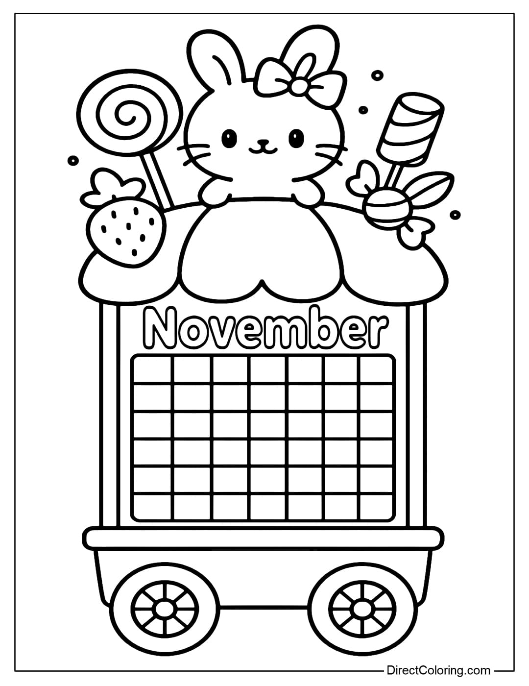 A coloring page for the November calendar featuring a small candy car, with the calendar on the front of the car and a chibi bunny standing next to various candies.