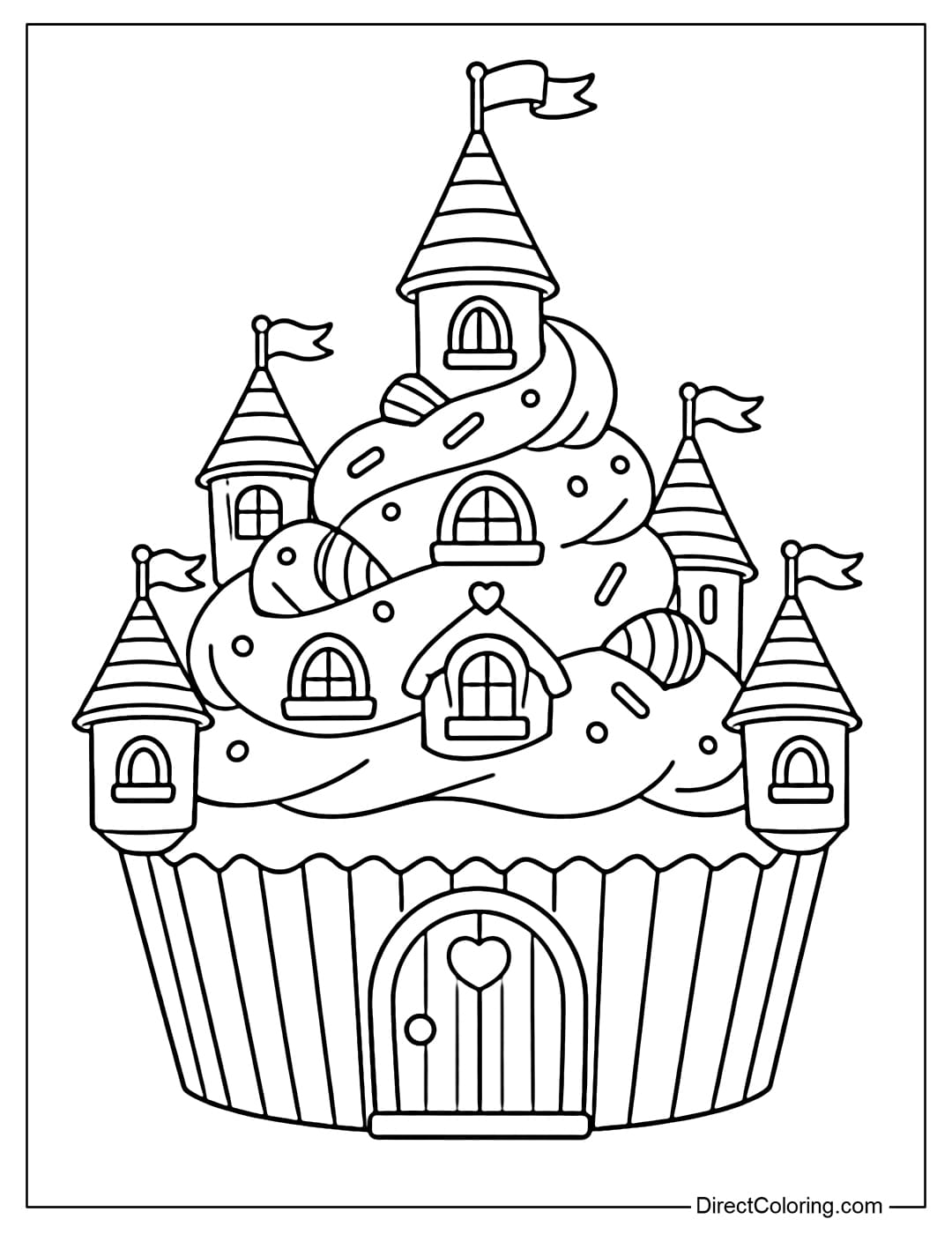 A coloring page of a cute fantasy castle created from a large cupcake with small towers and windows on top of the frosting.