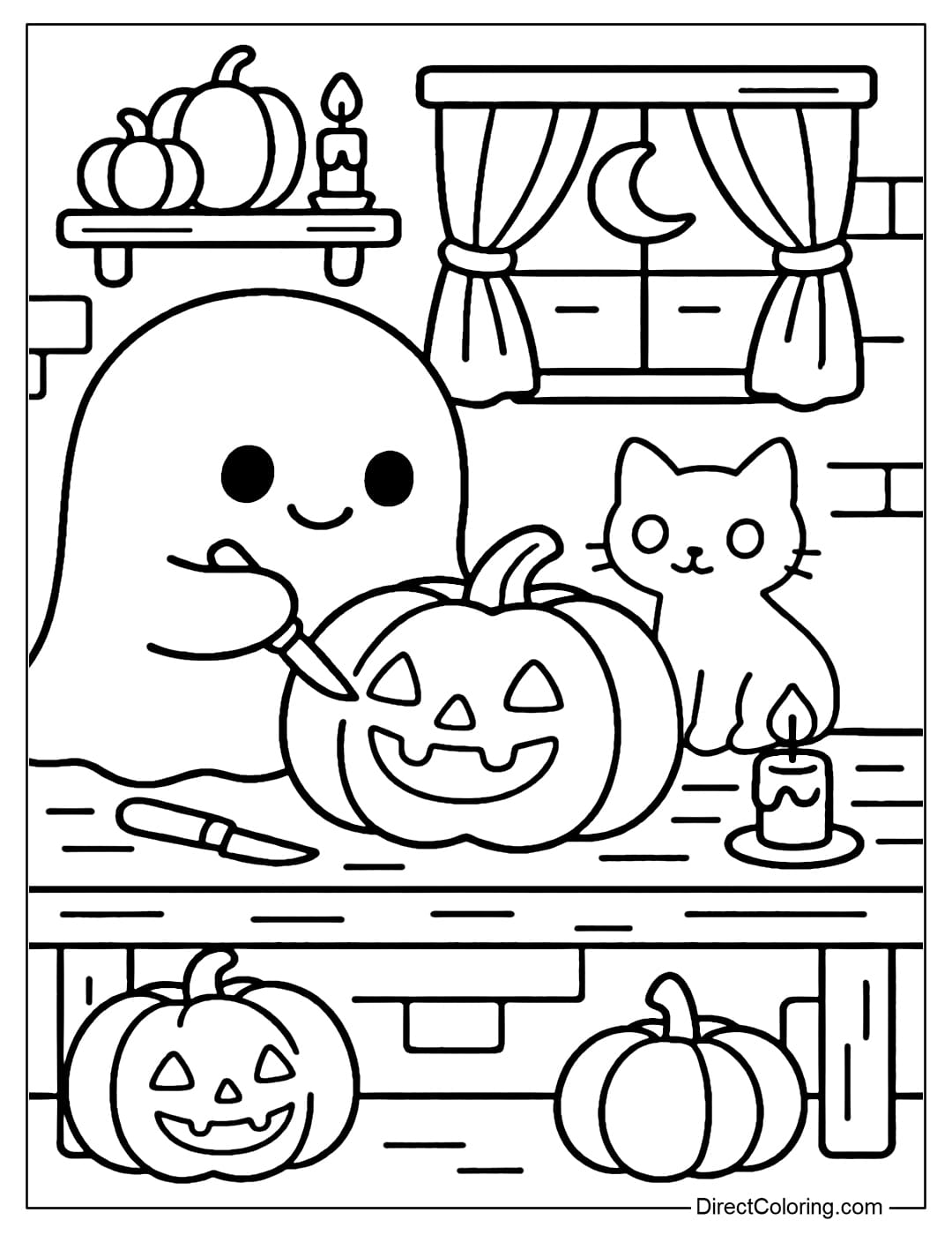 A pumpkin lantern crafting room coloring page, a ghost is carving a smile on a pumpkin, with a small knife, candles and a black cat helping.