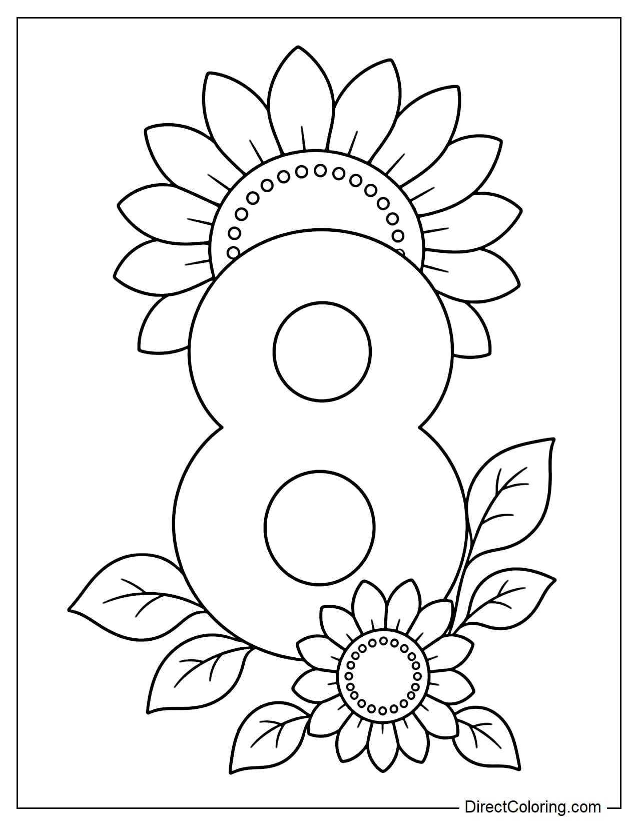 A large, simple number 8, with a sunflower peeking out from behind the top part of the number, and a smaller sunflower slightly off-center in front of the base of the number, interspersed with a few simple leaves.