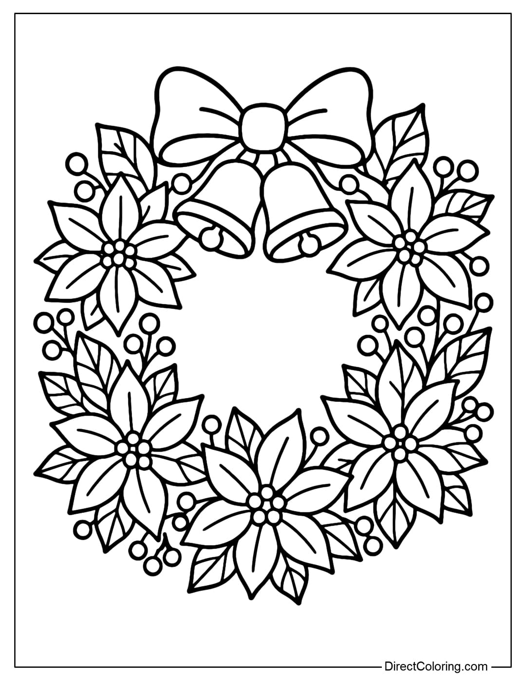 A wreath coloring page made of large poinsettias mixed with leaves and berries, topped with a bow and two bells.