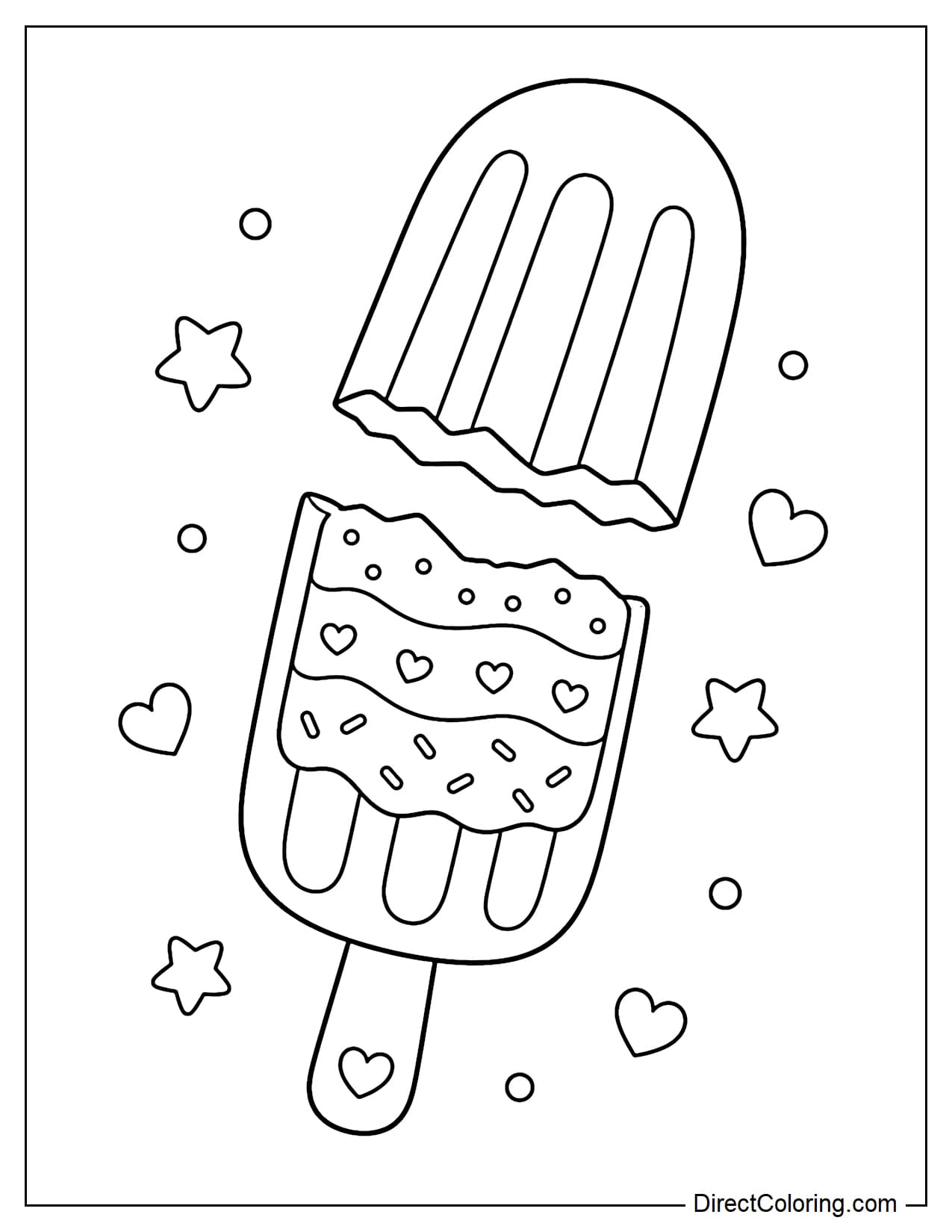 A popsicle broken in two, decorated with heart-shaped sprinkles.