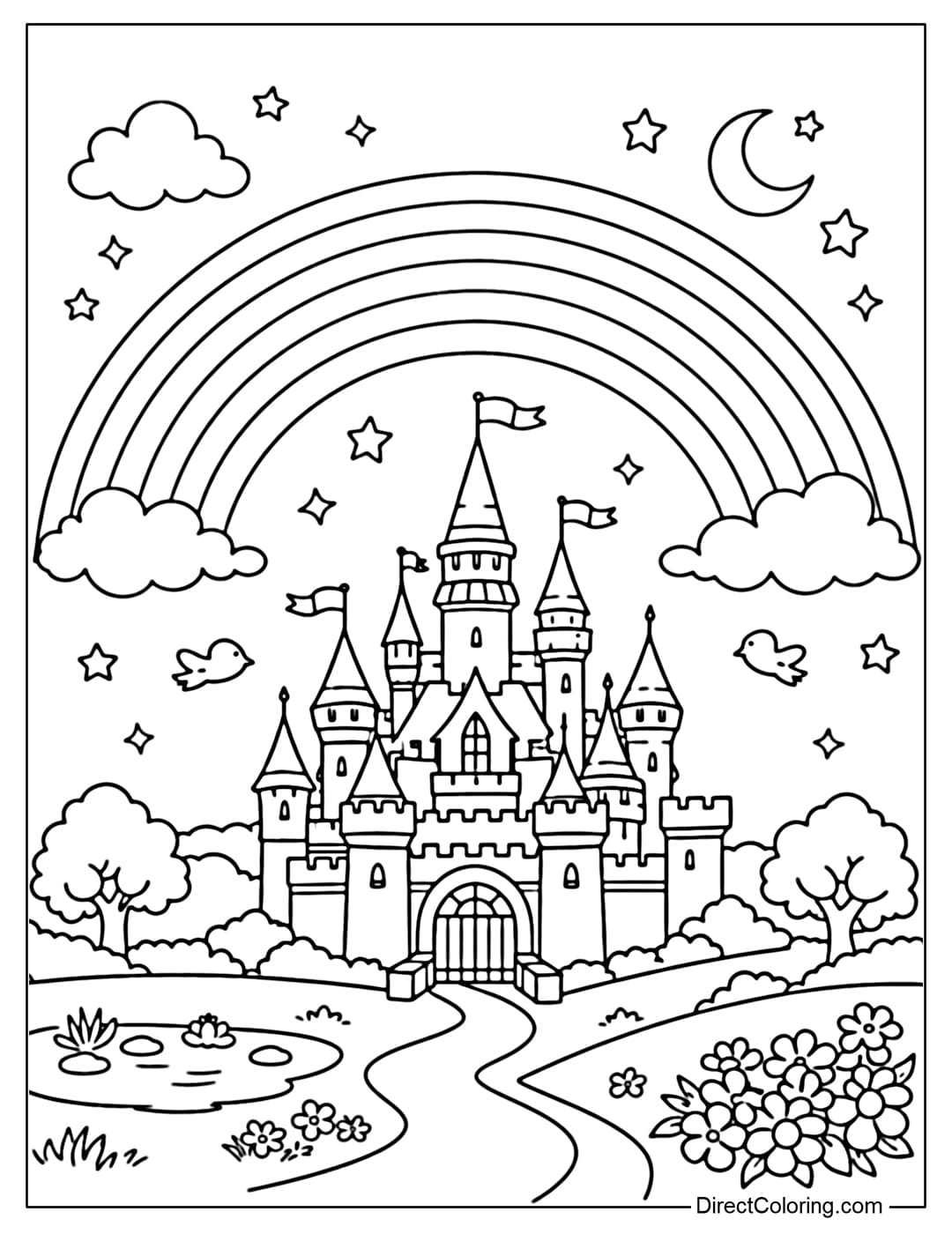 A coloring page of a large rainbow appearing above a fairytale castle.