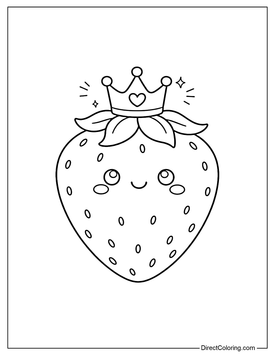 A coloring page of a strawberry wearing a tiny crown on its head.