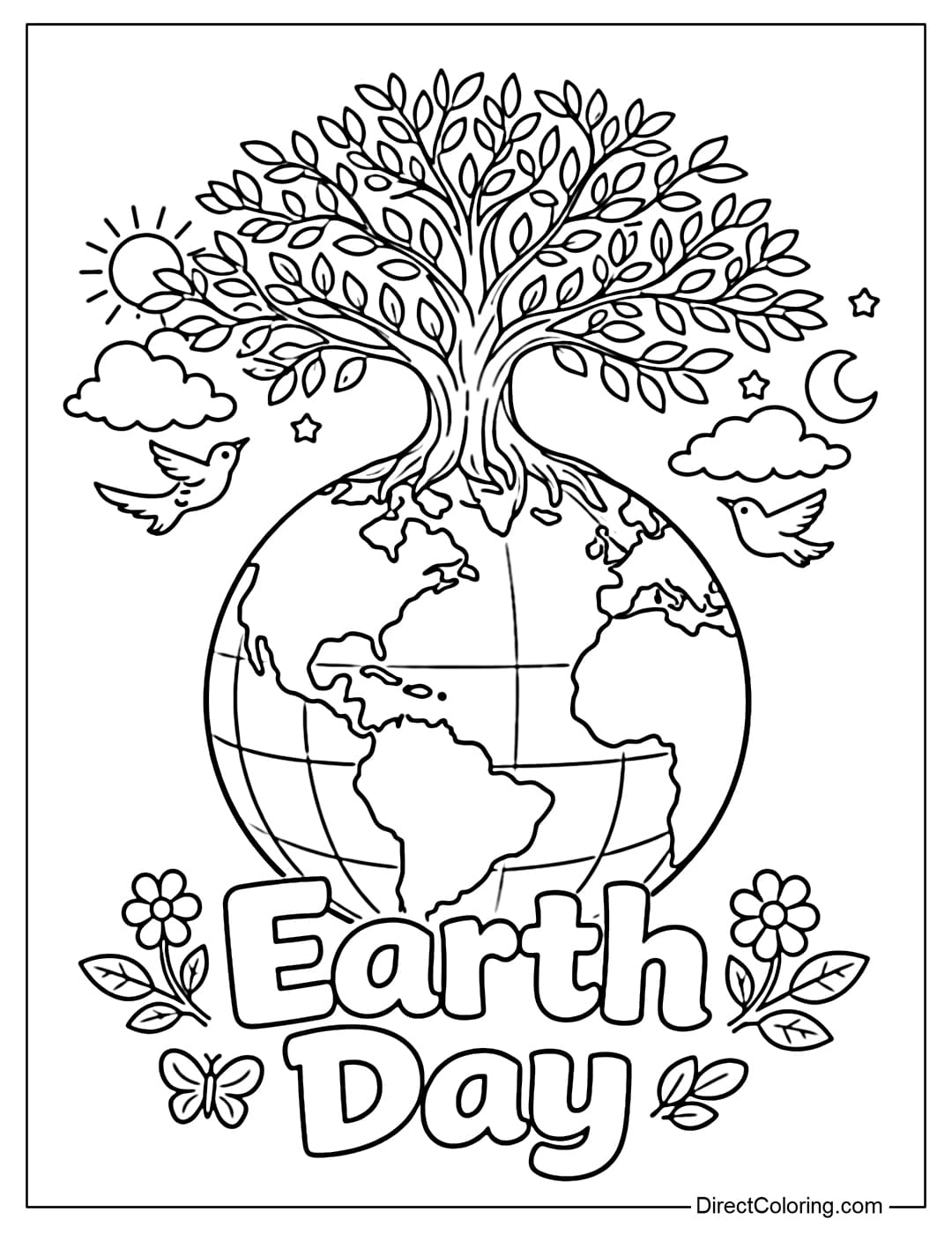 A coloring page of a large, round Earth with a large, leafy tree growing on top and the words 