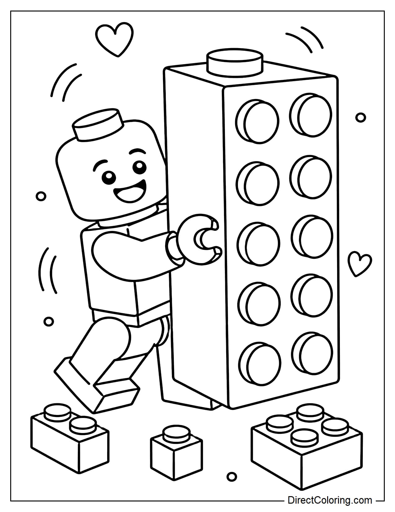 A small LEGO figure is hugging a giant LEGO brick with a cheerful smile, surrounded by several smaller bricks.