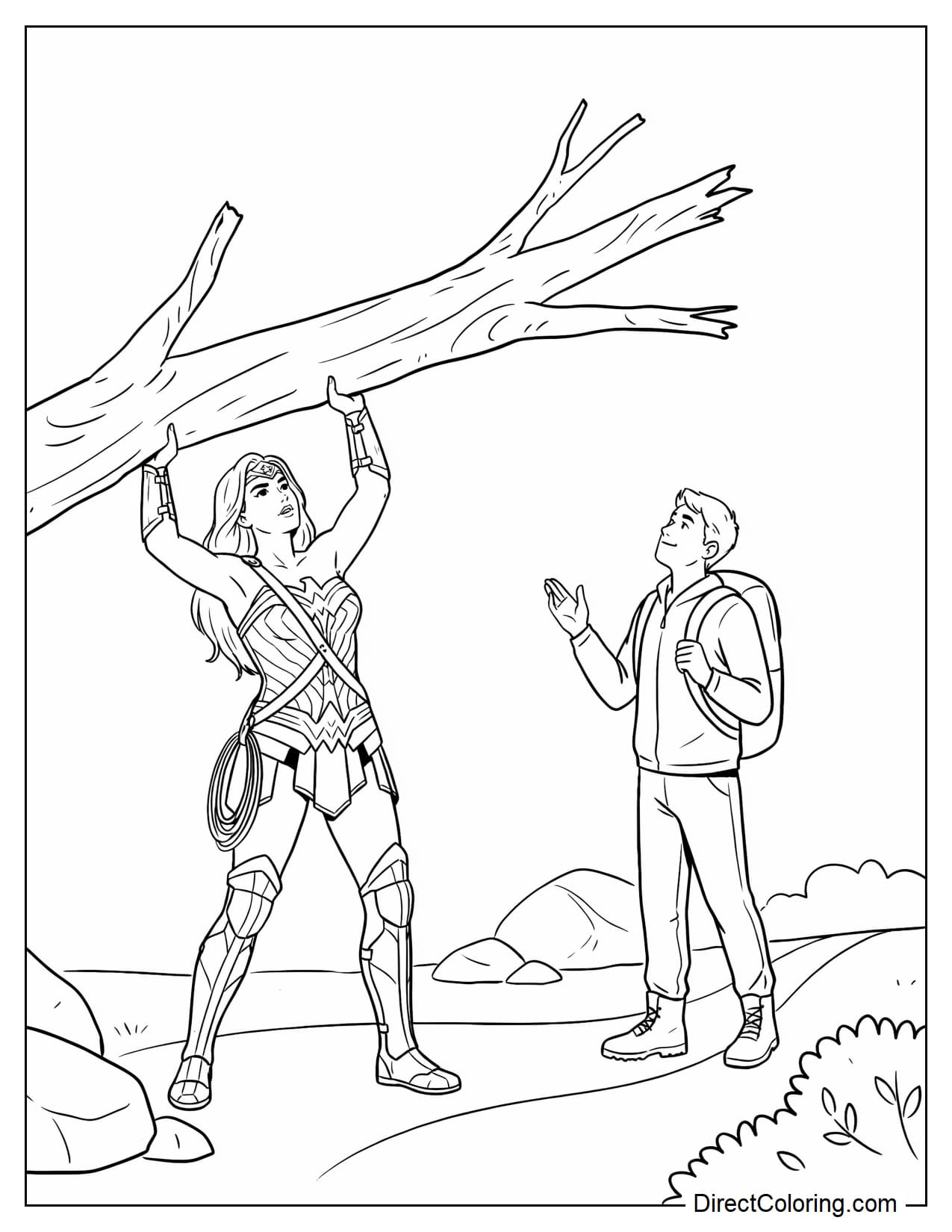 Wonder Woman uses both hands to lift a large fallen tree trunk off a pathway, helping a hiker standing on the other side cross safely.
