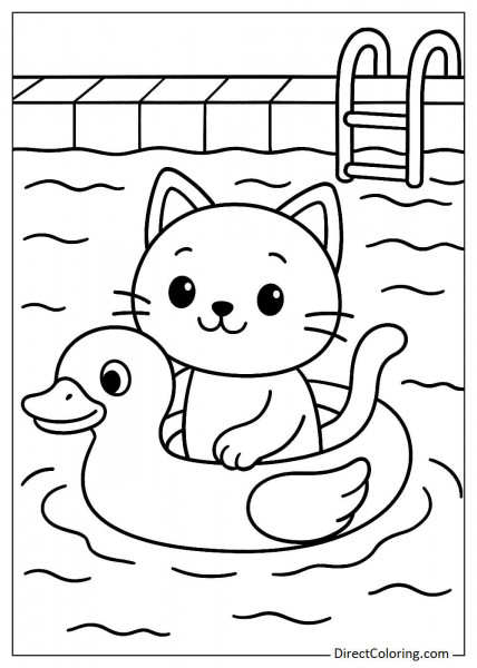 Cat sitting in a duck float in the pool coloring page