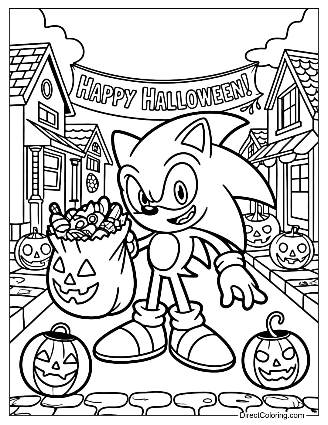 Coloring page of Sonic holding a bag of Halloween candy, standing in the middle of a street full of lanterns.