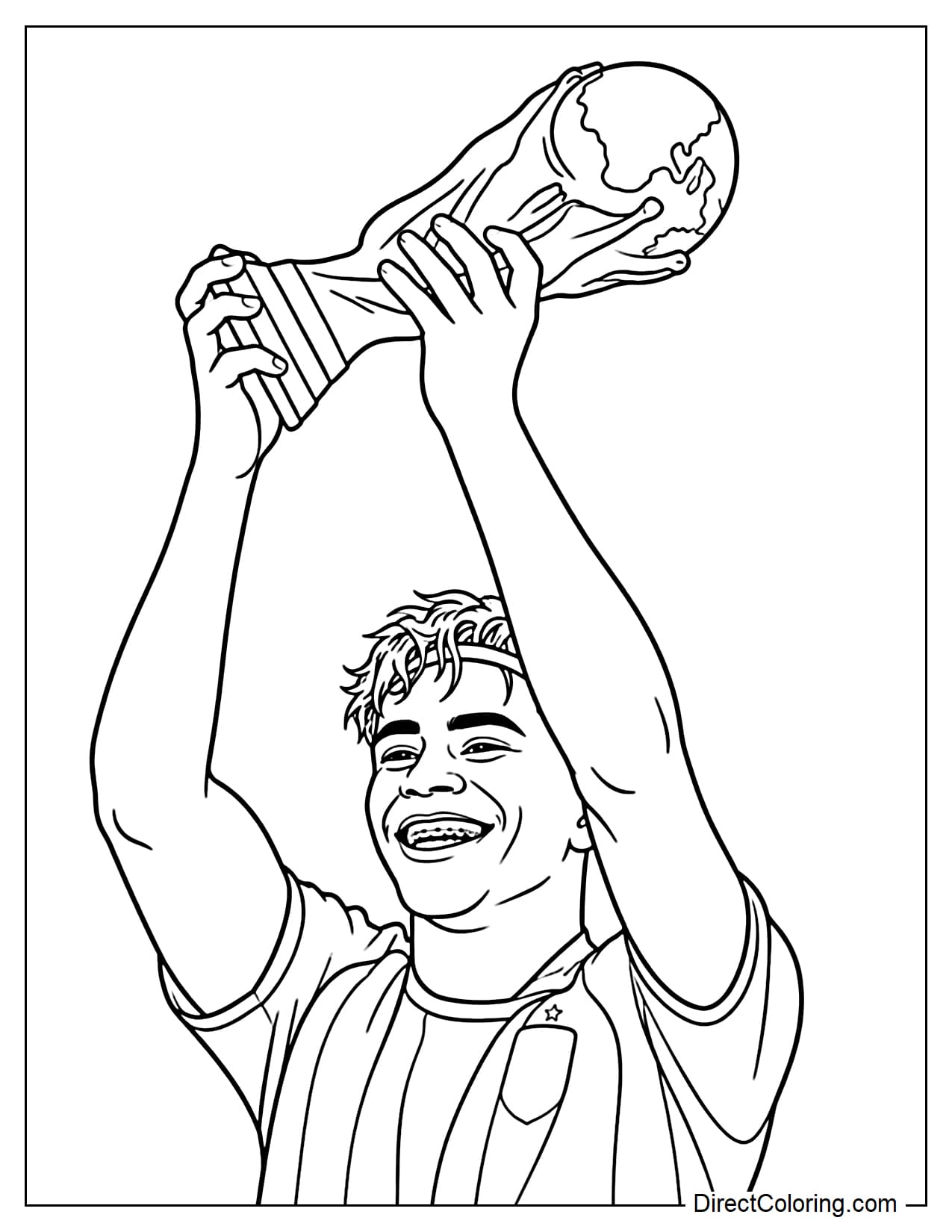 A half-body portrait of Lamine Yamal wearing a Spanish national team jersey, joyfully lifting the World Cup trophy with both hands, his face beaming.