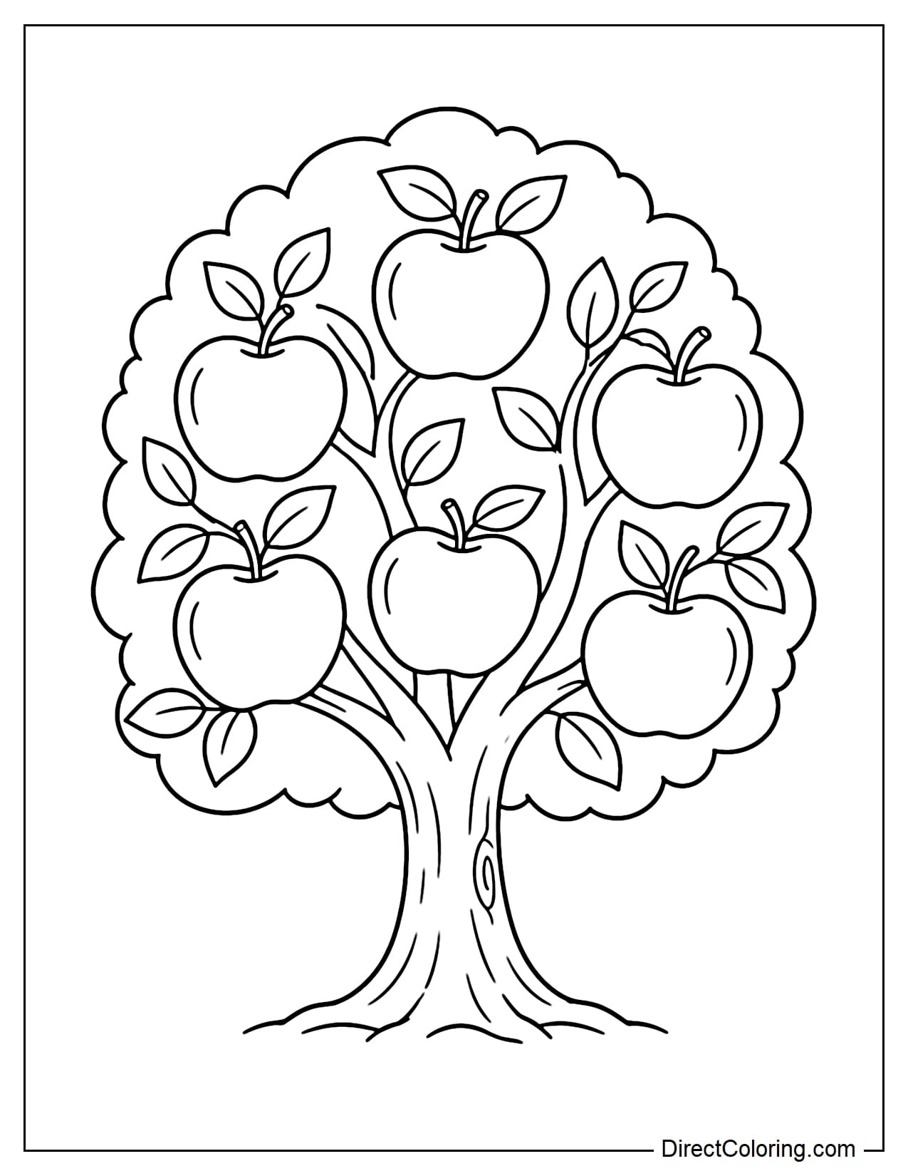 A small apple tree with a simple rounded canopy and six large apples growing on its branches.