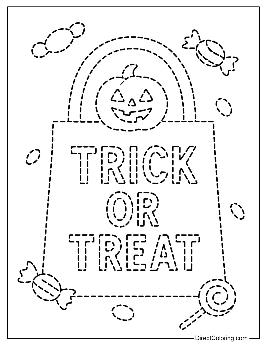A Halloween candy bag tracing coloring page with the word Trick or Treat, and candy falling around.