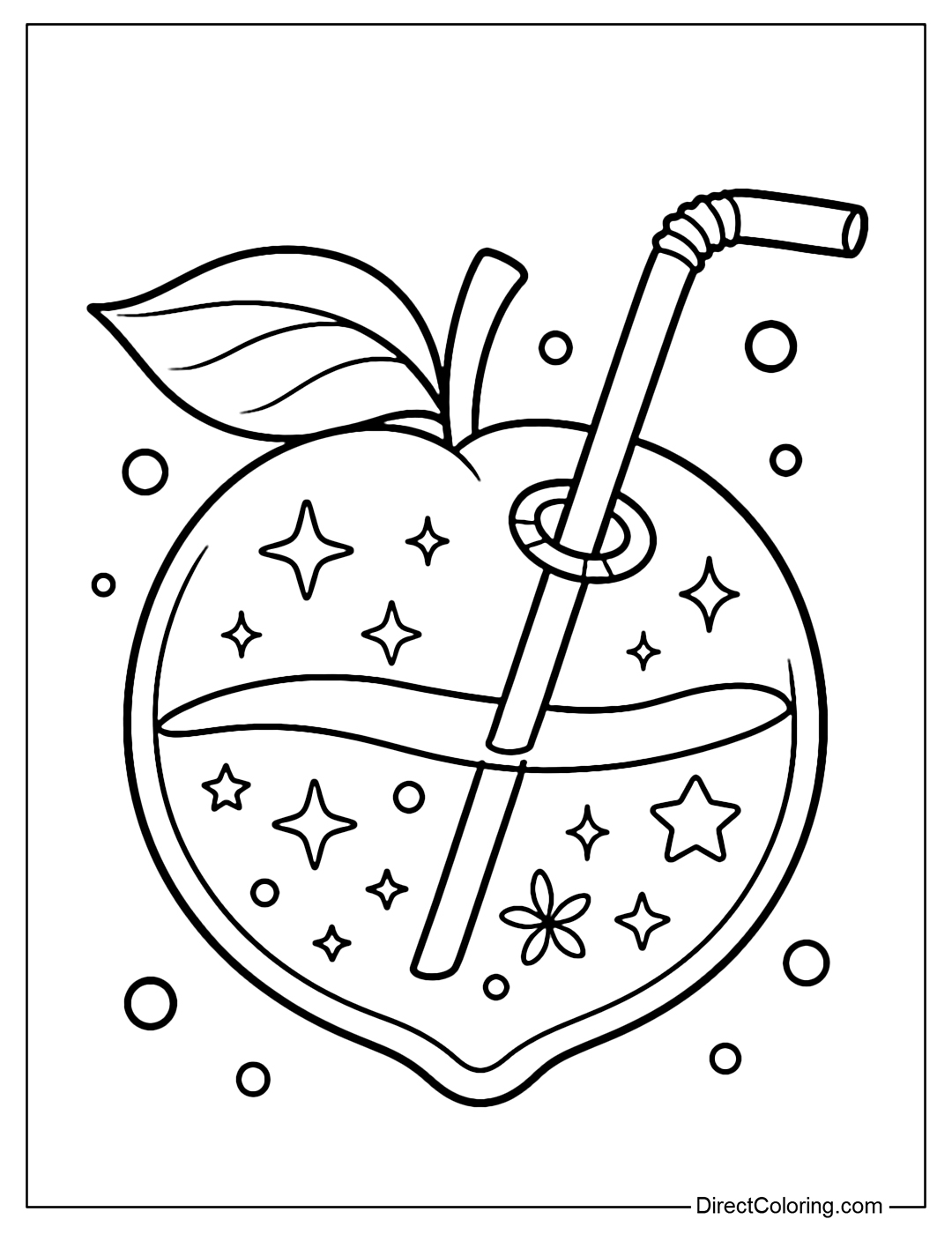 A whole peach coloring page with glitter peach juice inside, a straw stuck through a small round hole, and bubbles floating around the fruit.