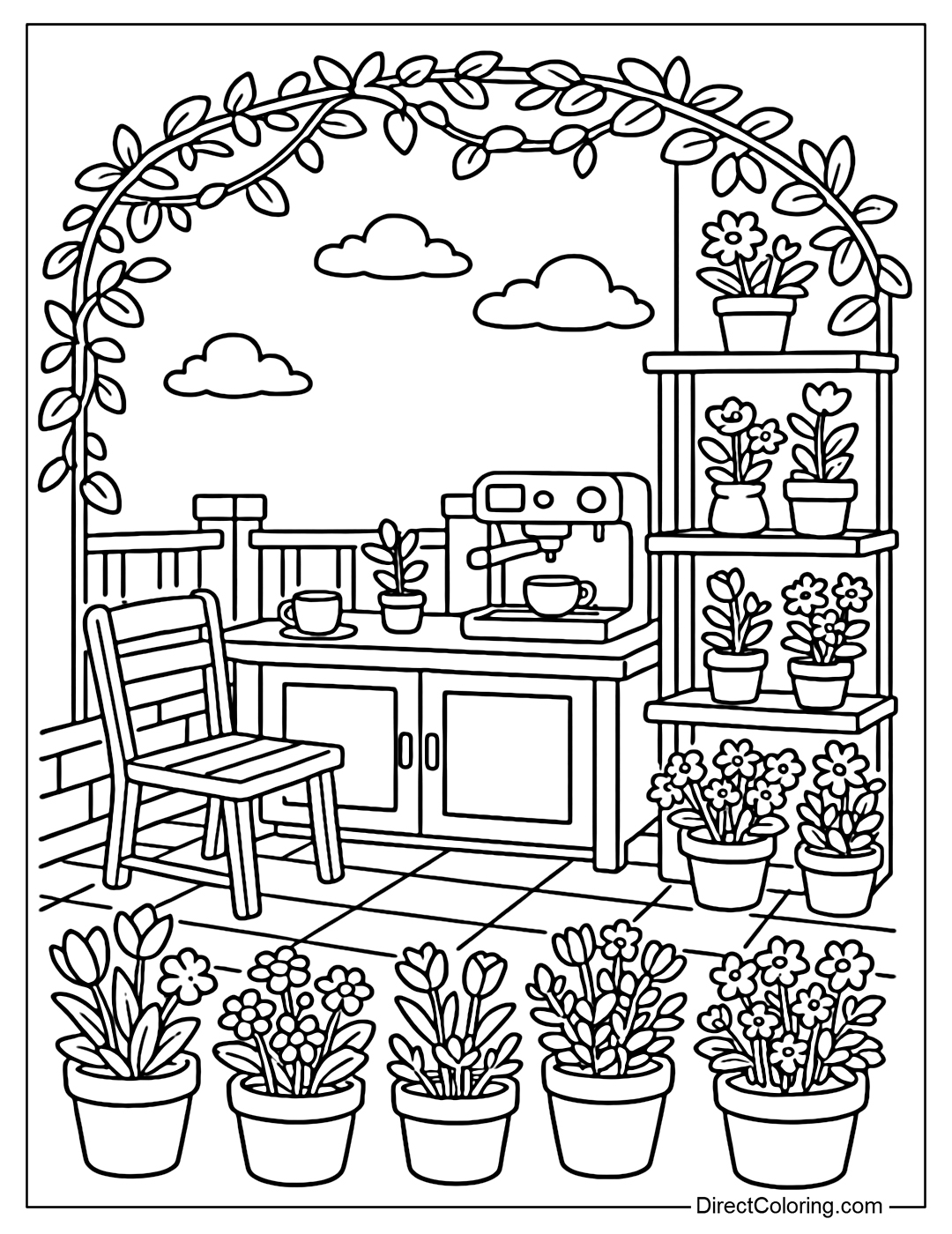Coloring page of secret cafe and flower shop on rooftop, trellis, wooden table, coffee maker next to flower shelf