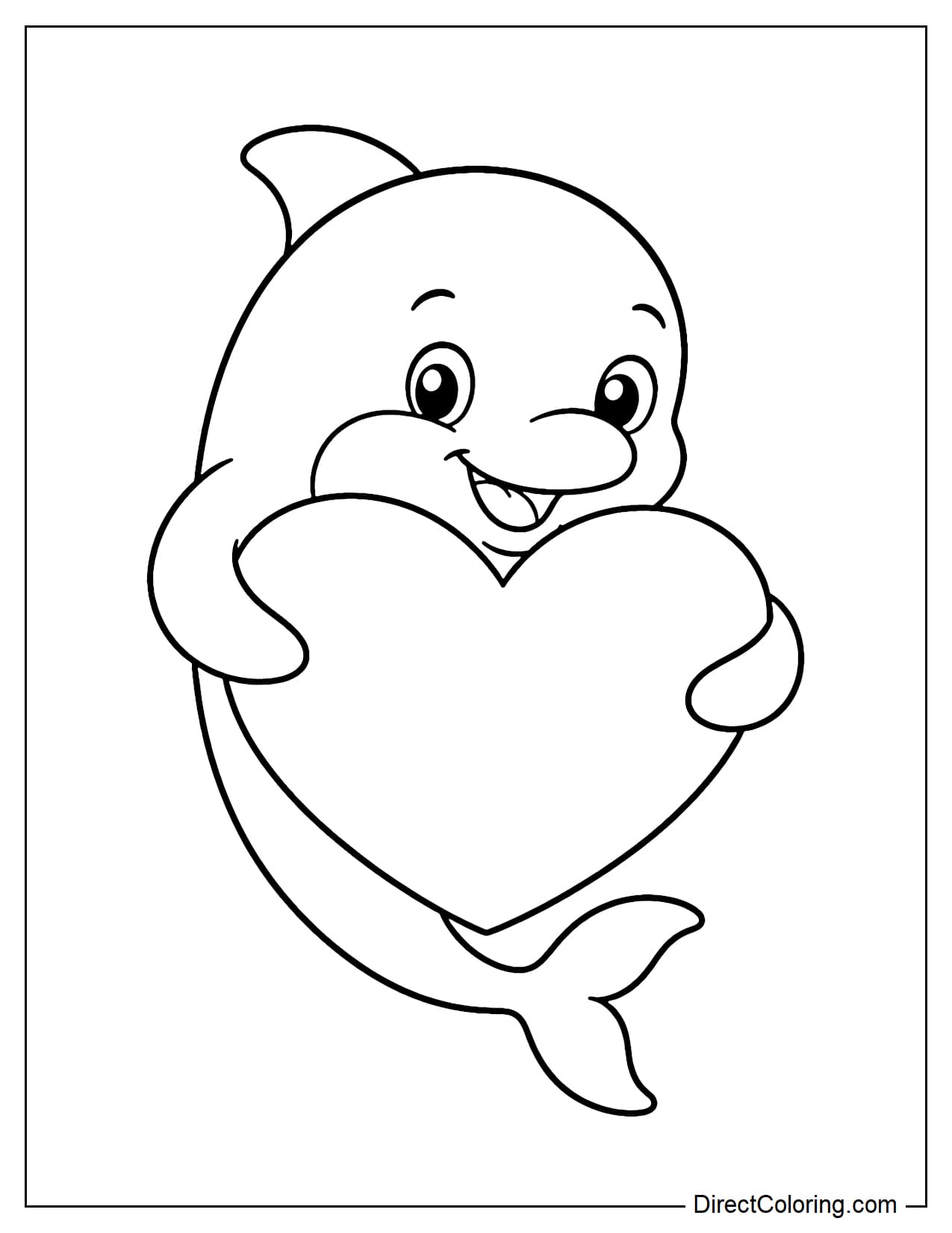 A dolphin is hugging a giant heart with its two front fins, its face beaming with joy.