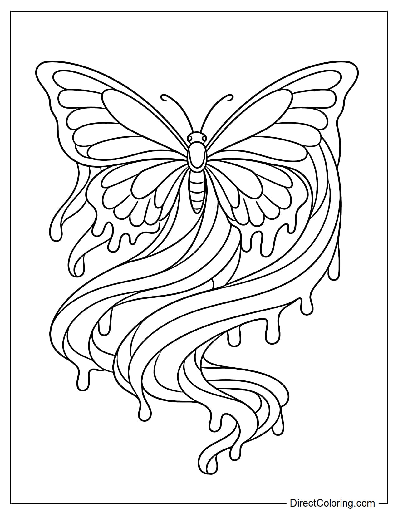 A butterfly that is not only flying but also melting. The upper wings remain intact, while the lower wings and hind body transform into a flowing, undulating stream.