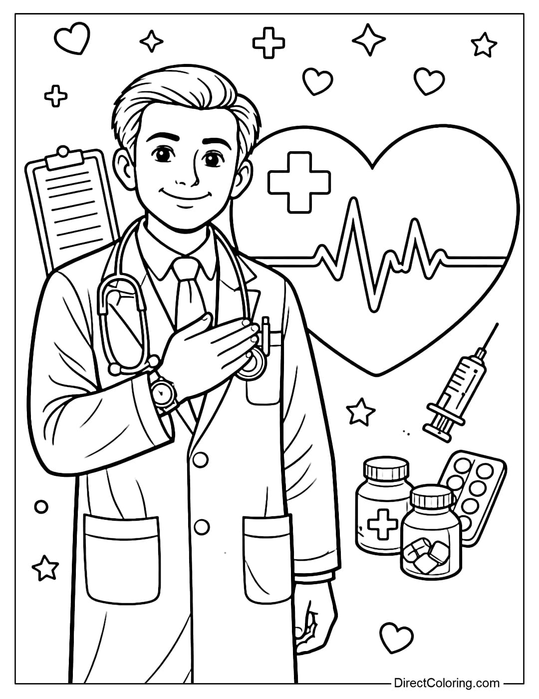 A coloring page of a doctor standing next to a large heart symbol, smiling, and with their hand placed on their chest.