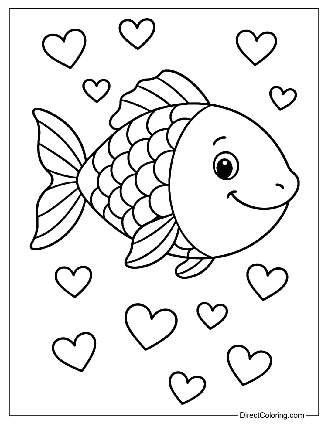 A coloring page with a gentle big fish, smiling mouth, surrounded by heart-shaped bubbles, symbolizing abundance.