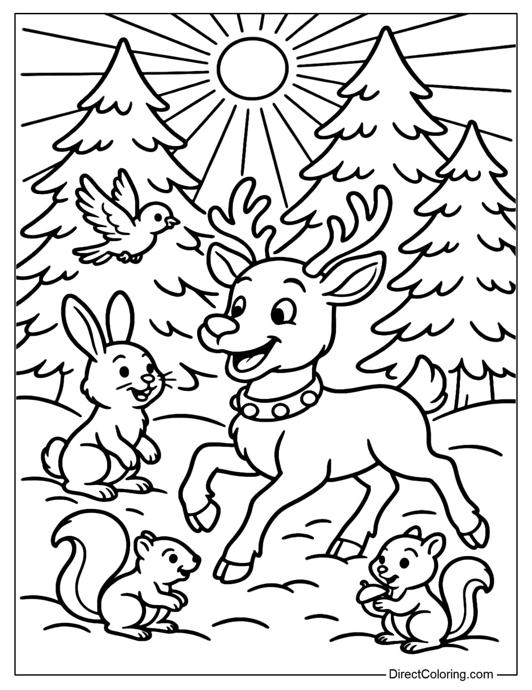 Forest Friends Reindeer Coloring Page A coloring page of a reindeer playing with rabbits, birds and squirrels in the winter forest.
