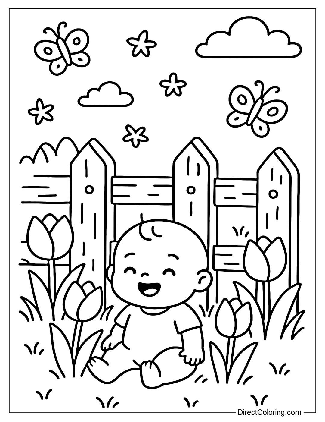 A small fence coloring page in a spring garden, filled with butterflies, tulips, and a smiling baby.