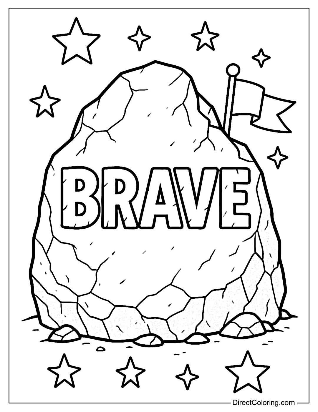 The Brave coloring page is carved in stone, surrounded by stars and victory flags.
