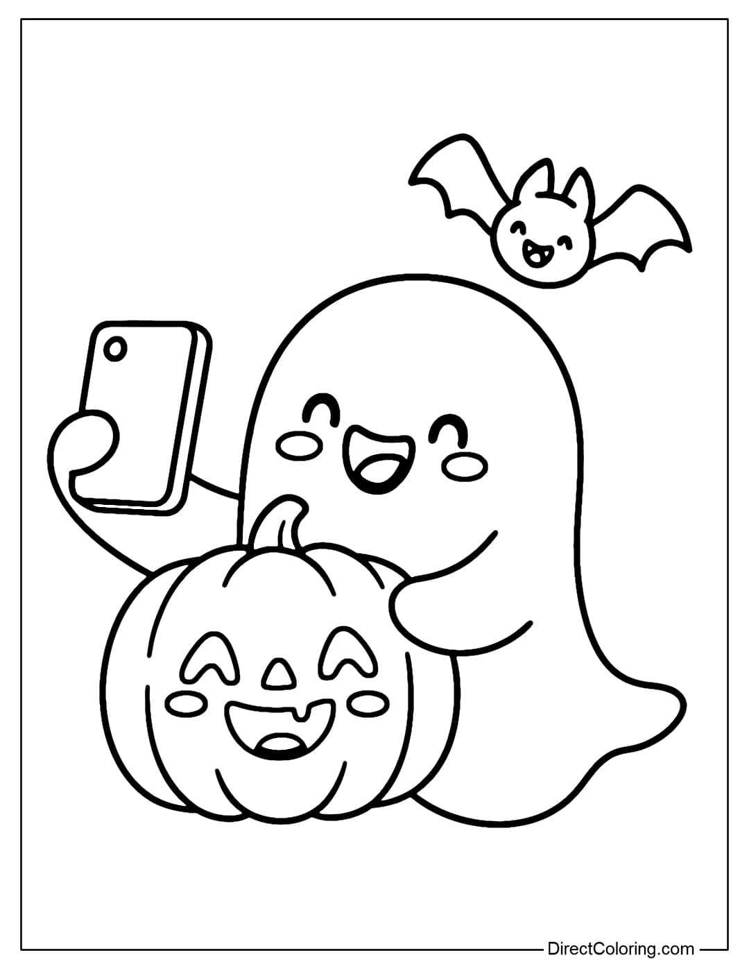 A ghost coloring page holding a selfie phone with pumpkins and bats, funny expression.