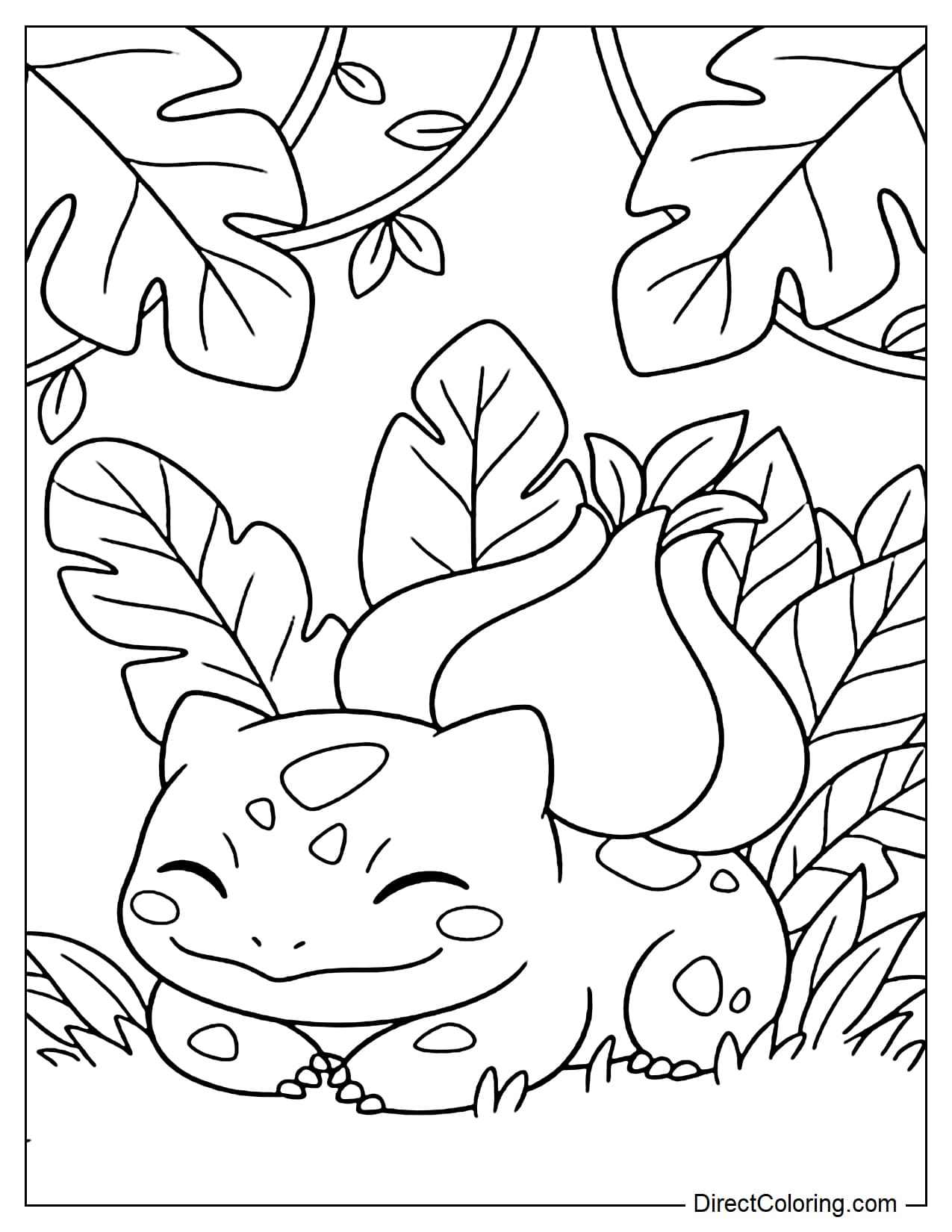 Bulbasaur is relaxing among large leaves, its face peaceful.