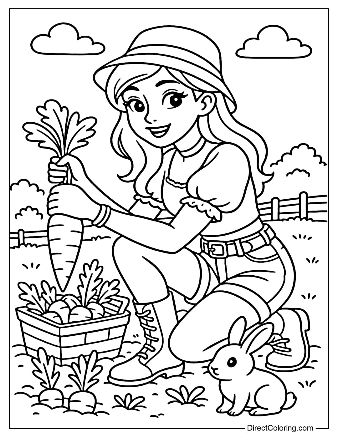 Coloring page of a farm girl pulling carrots, a rabbit standing nearby curiously.