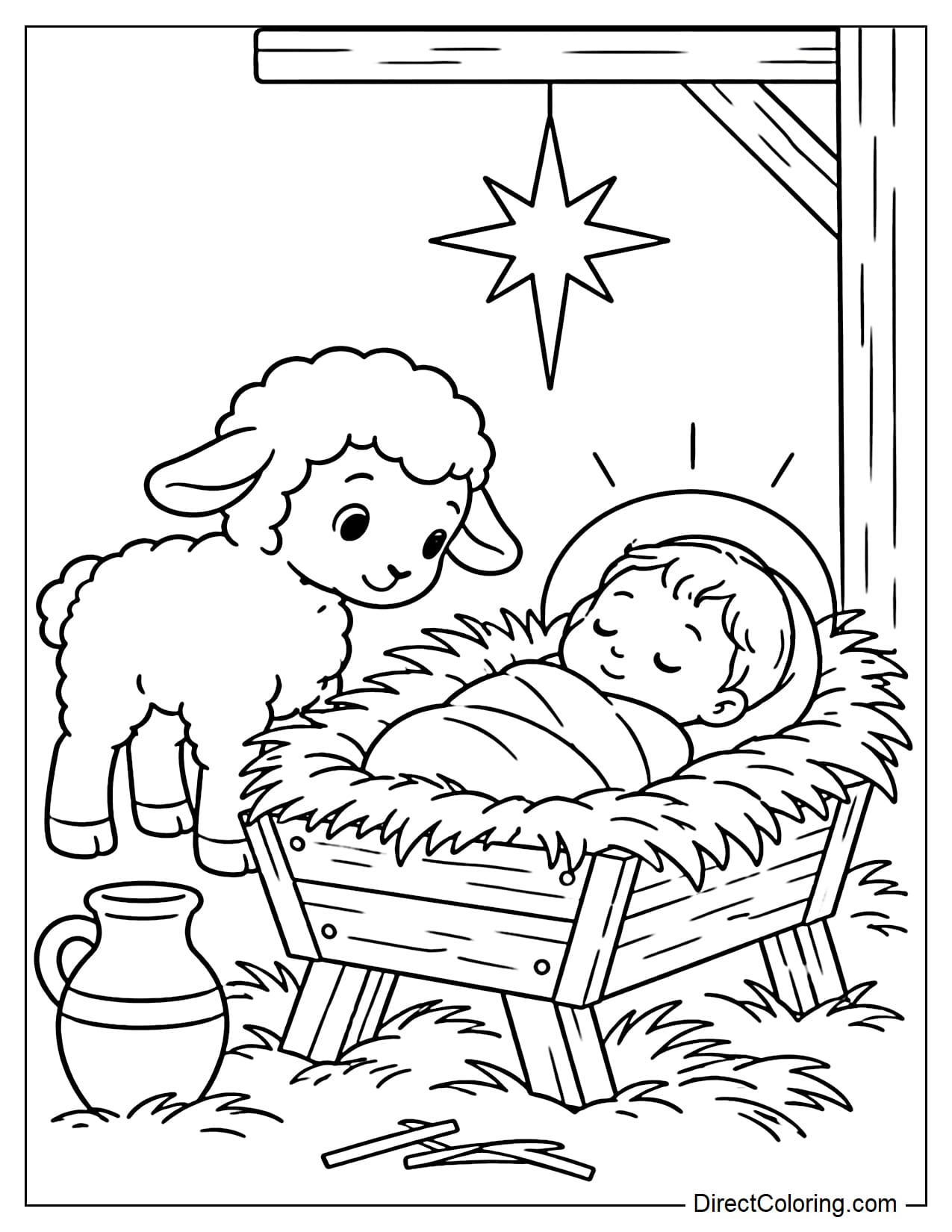 A cute little lamb standing beside the manger and looking at Baby Jesus sleeping peacefully, with a few pieces of straw, a small jar, and a star hanging above.